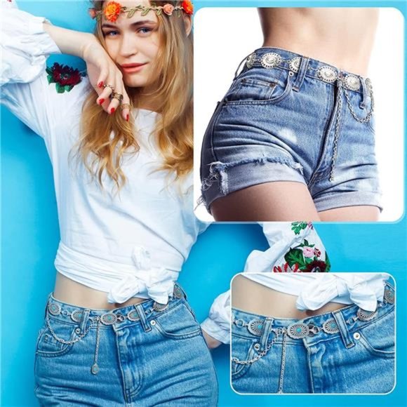 2 Pcs Flower Turquoise Concho Chain Waist Belt Silver Metal Western Chain Belts main image 4